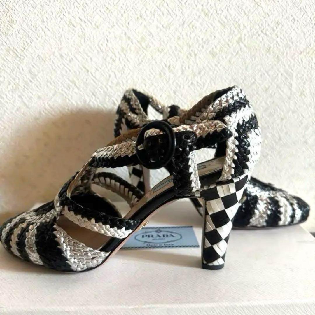 PRADA Sandals 35 1/2 22.5cm Black Silver High Heel 8.5cm Leather