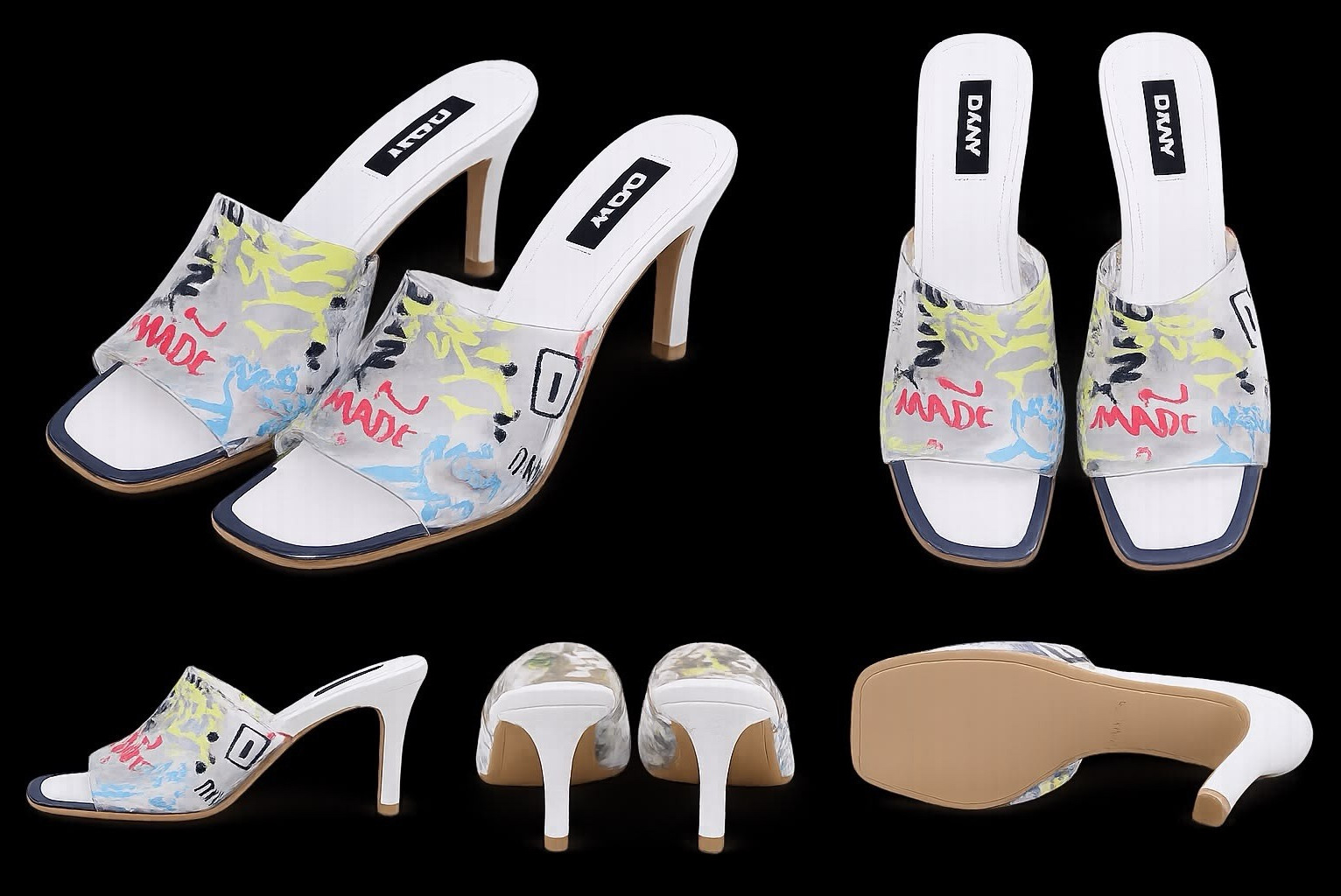DKNY Graffiti Print Clear Strap Mule Heels – Women’s Size 8