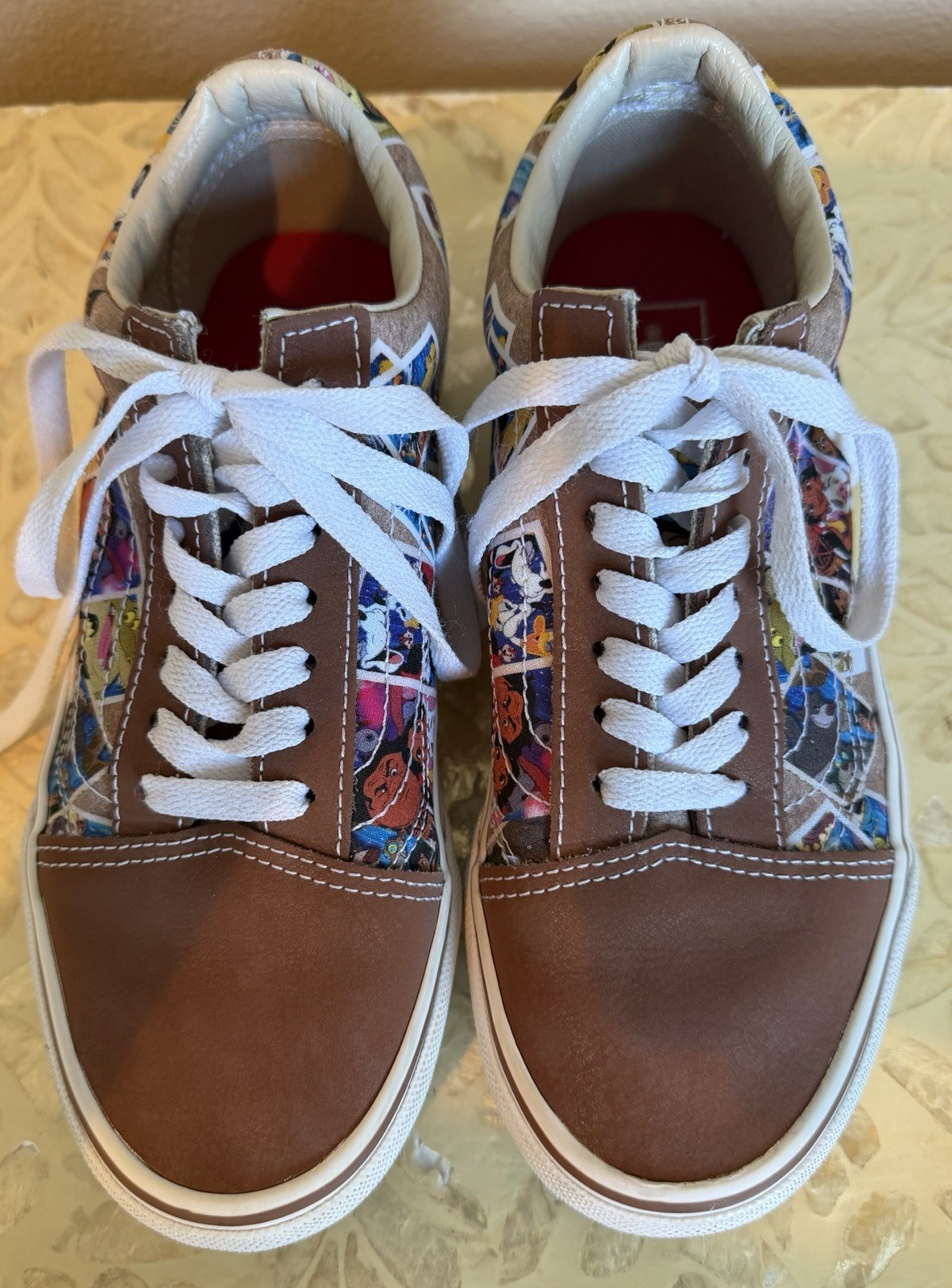 VANS Disney Old Skool Cartoon Brown Canvas Low Top Sneaker Mickey Pluto Aladdin