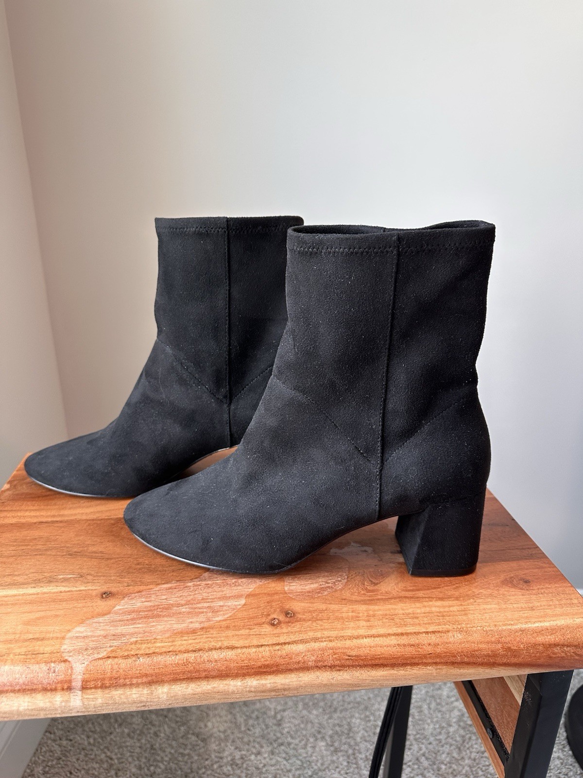 Boden Cara Black Stretch Faux Suede Ankle Boots Block Heel Women’s Size 40 / 9