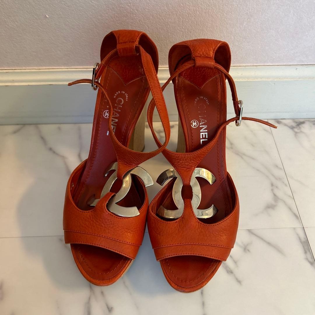 CHANEL Shoes Pumps Heel Cocomark EU 36.5 US 6.5 Leather Orange Authentic