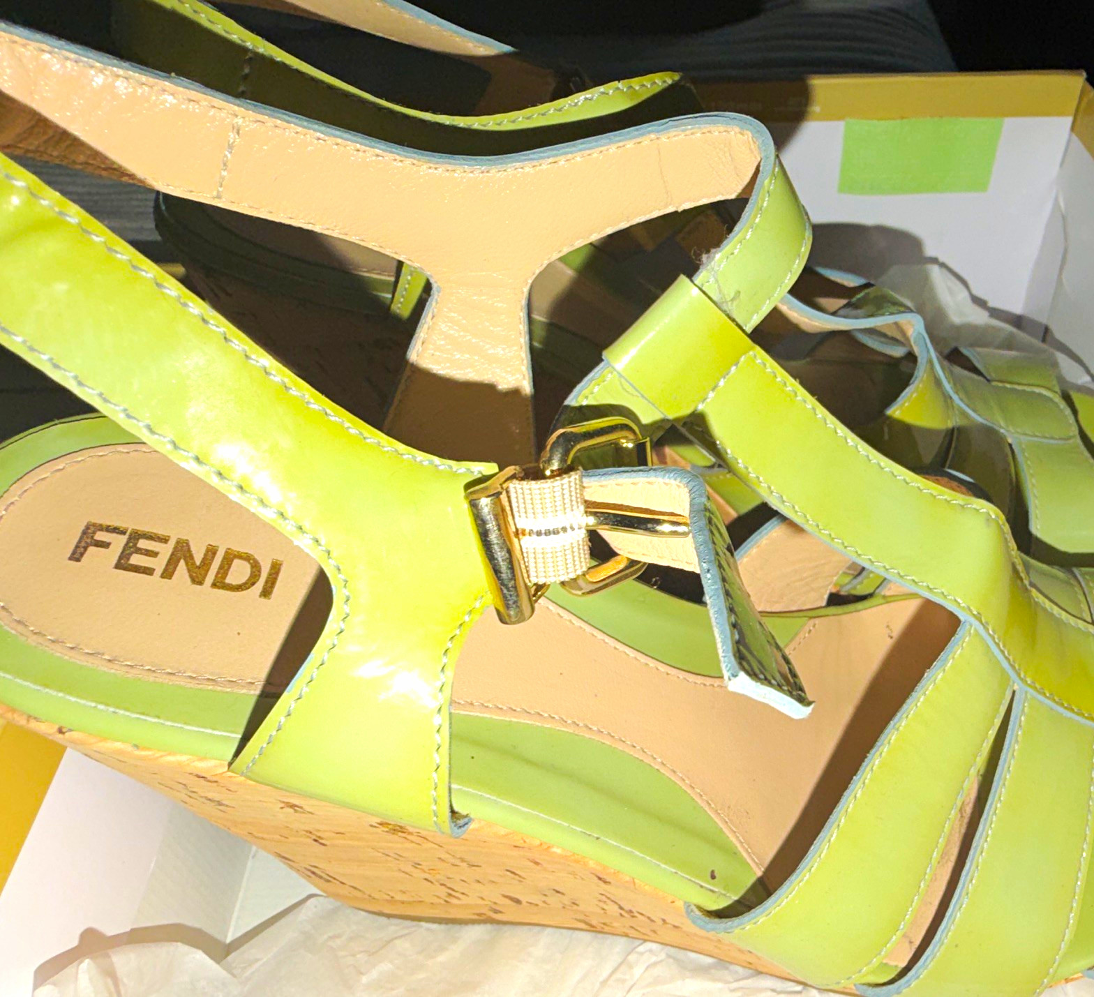 Fendi Green Logo Cork Wedges Ankle Strap Buckle Womens Size Italy-40 W US 9-9.5