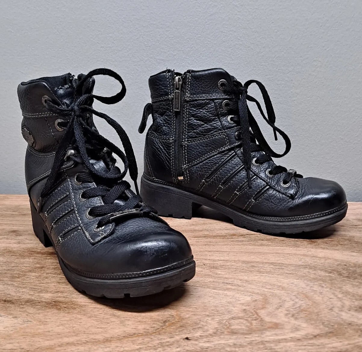 Harley Davidson Womens 8.5 Black Leather Lace-Up Side-Zip Motorcycle Boots 85292