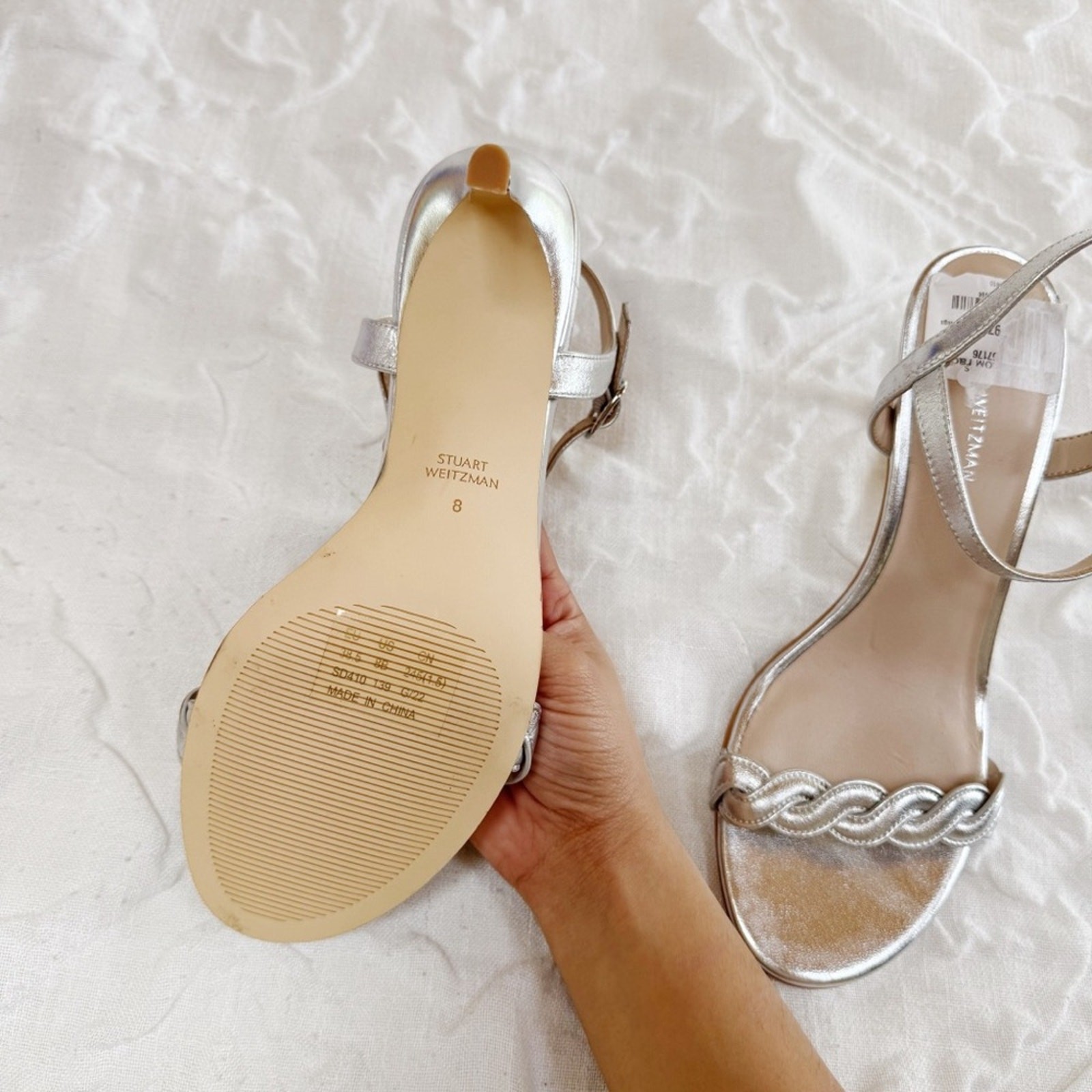 Stuart Weitzman Dancer Twistie 100 Leather Sandal In Silver