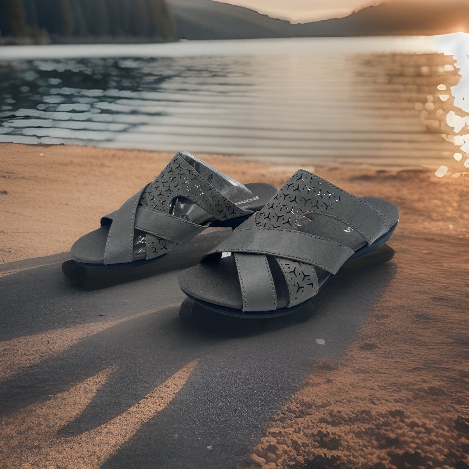Romika Women’s Leather Slide Sandals Size EU 37 (US 6-6.5) Gray Adj. Strap NIB