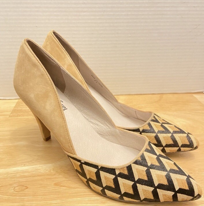 FarylRobin Women’s Hairy Almond Toe Chevron Print and Solid Tan High Heels