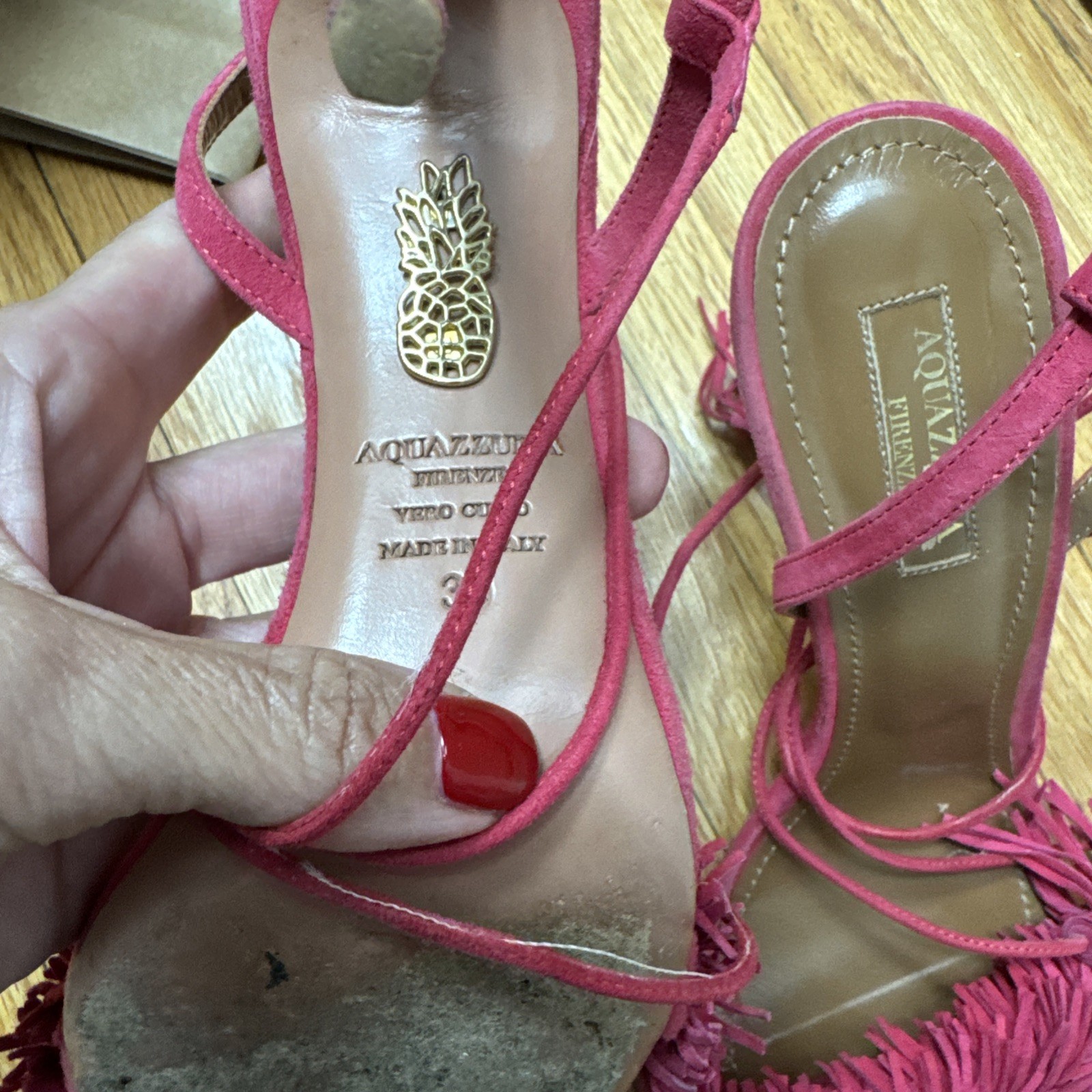 AQUAZZURA Pink Suede Tassel Accents Sandals Size 39 Good Used Condition