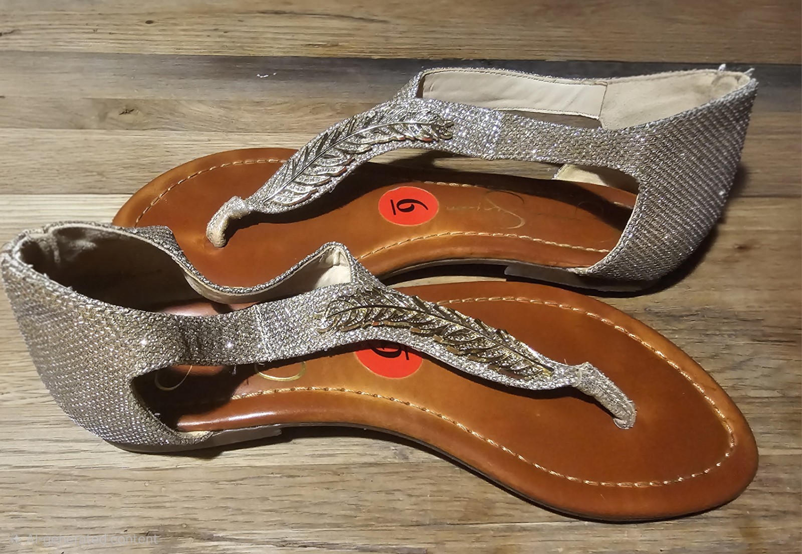 Jessica Simpson Gold/Sparkle, Feather Hardware Flats, Thong, Zip Back, Sz. 6