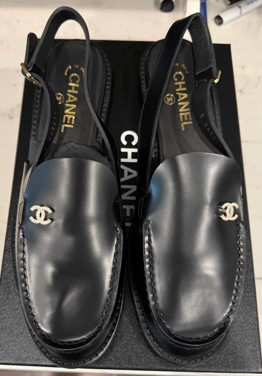 CHANEL Crystal CC Logo Flat Slingback Loafers Black Shoes
