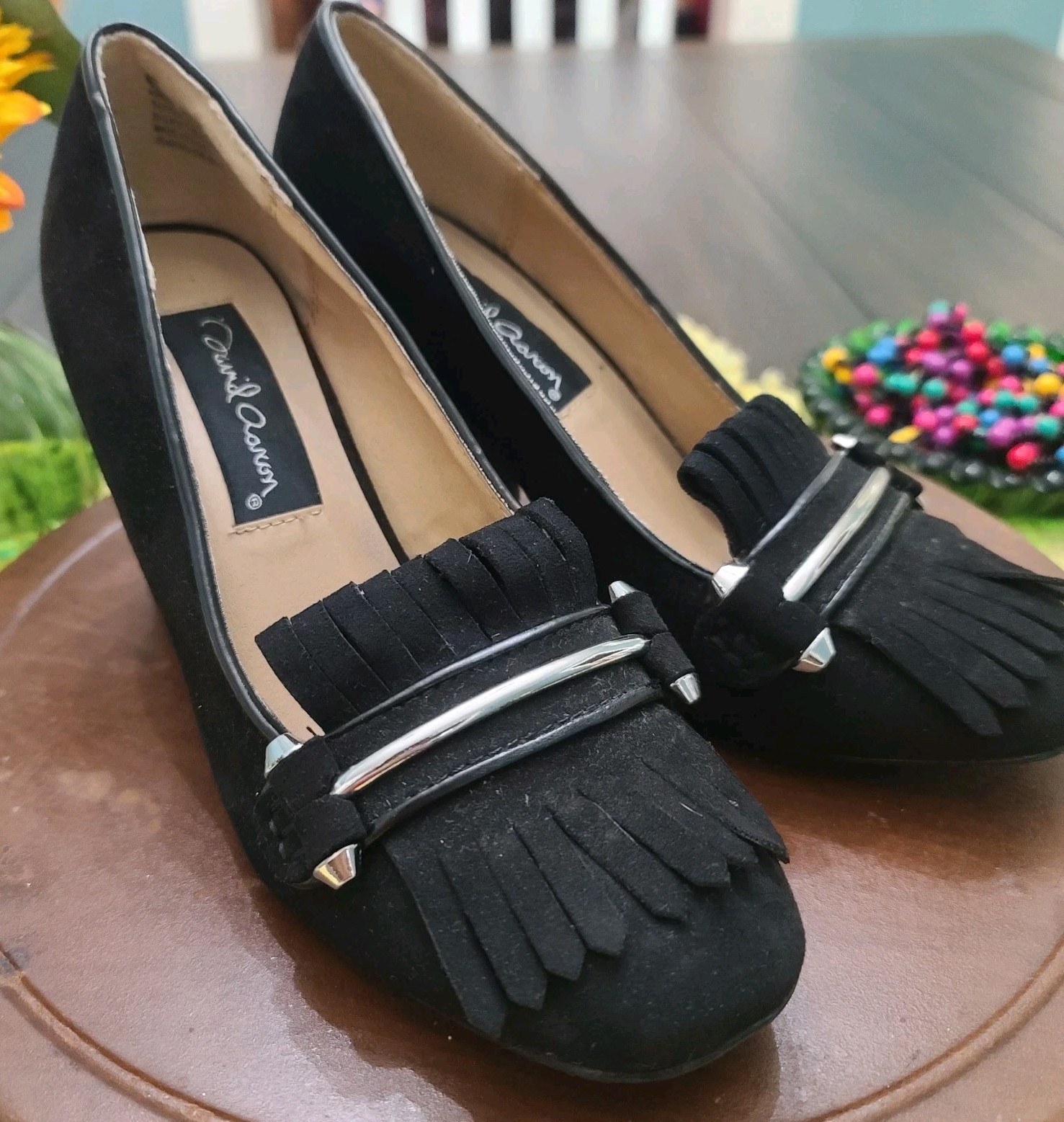 David Aaron Black Mormont Fringe Heeled Platform Shoes Sz 6.5