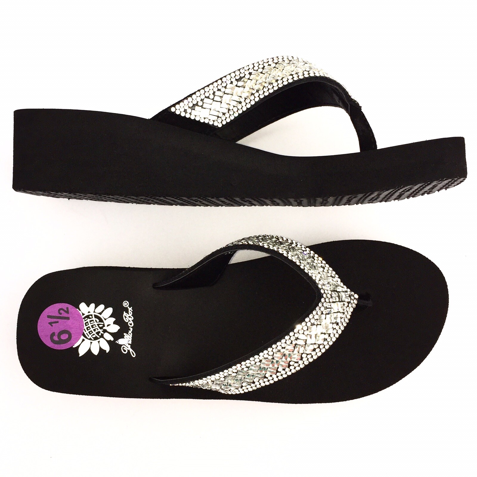 Yellow Box Flip Flops Sydnee Sparkle Clear Rhinestone Basketweave Wedge Sandals