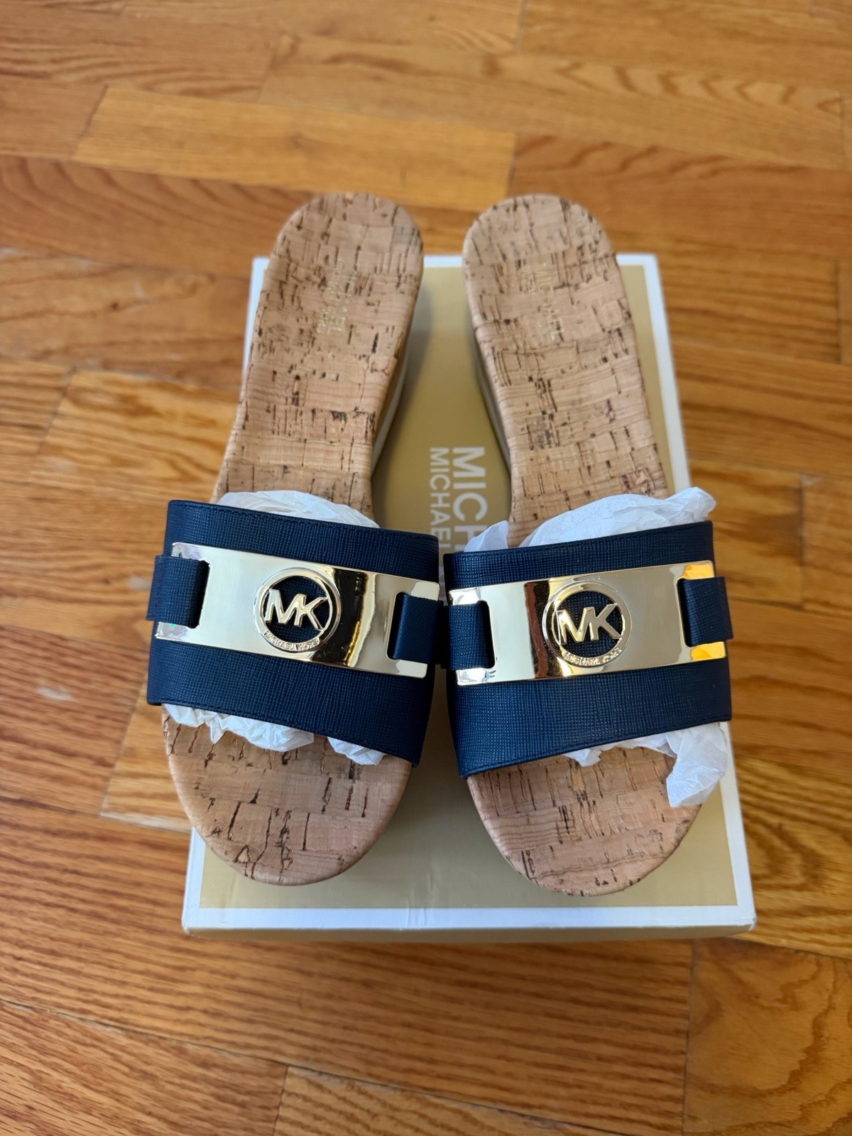 MICHAEL KORS Warren Platform Cork Slide Sandal Size 8.5 Navy Blue Leather SG17L