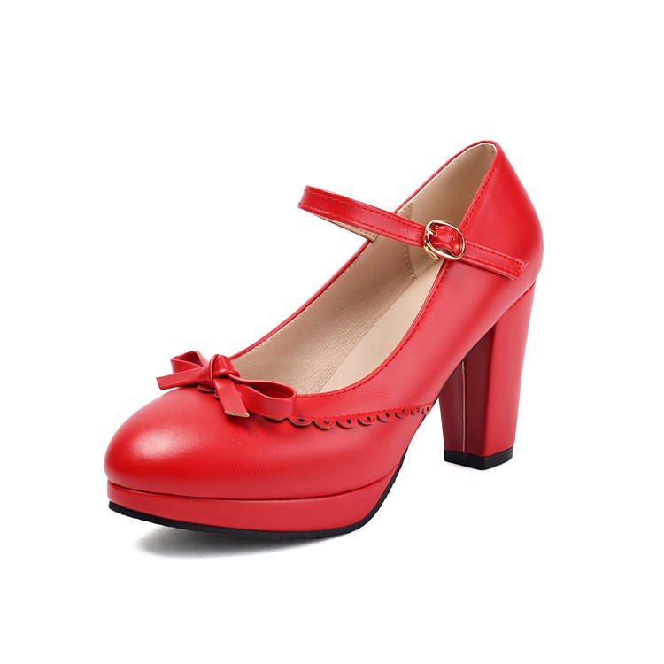 Women’s Block Heel Buckle Bow Mary Jane Casual Pump Sweet Ankle Strap Work Shoes