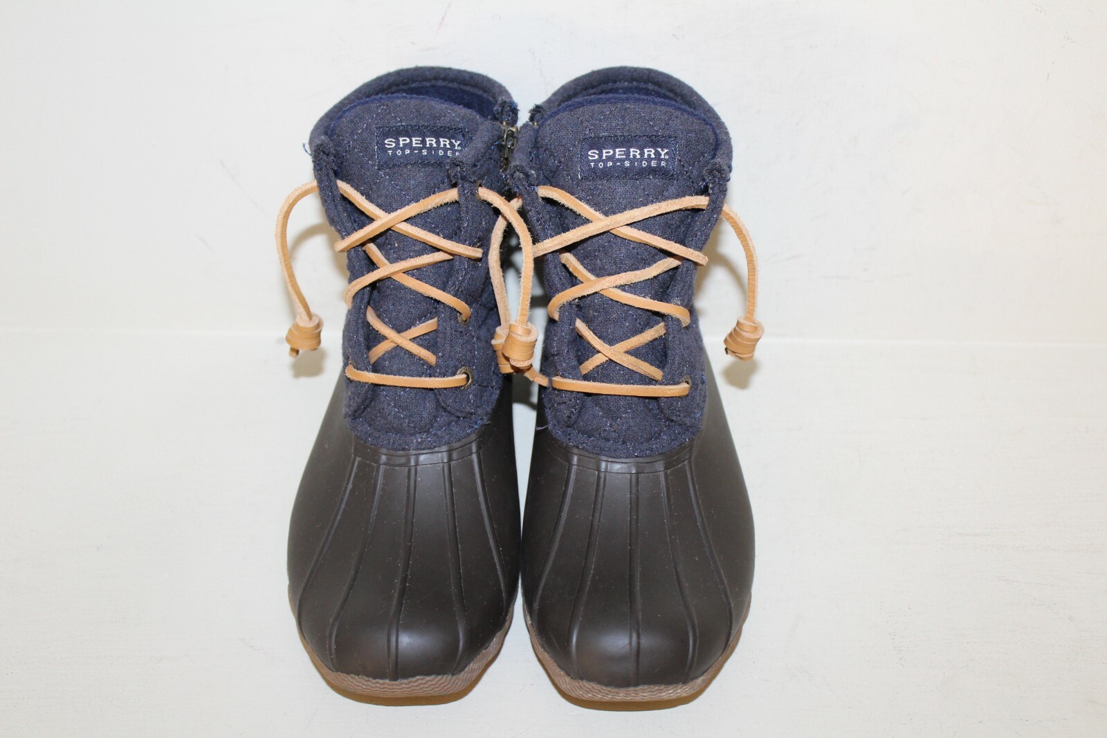 Sperry Womens Duck Boot Sz 7 Waterproof Rubber Brown / Blue Quilt Stitch Fabric