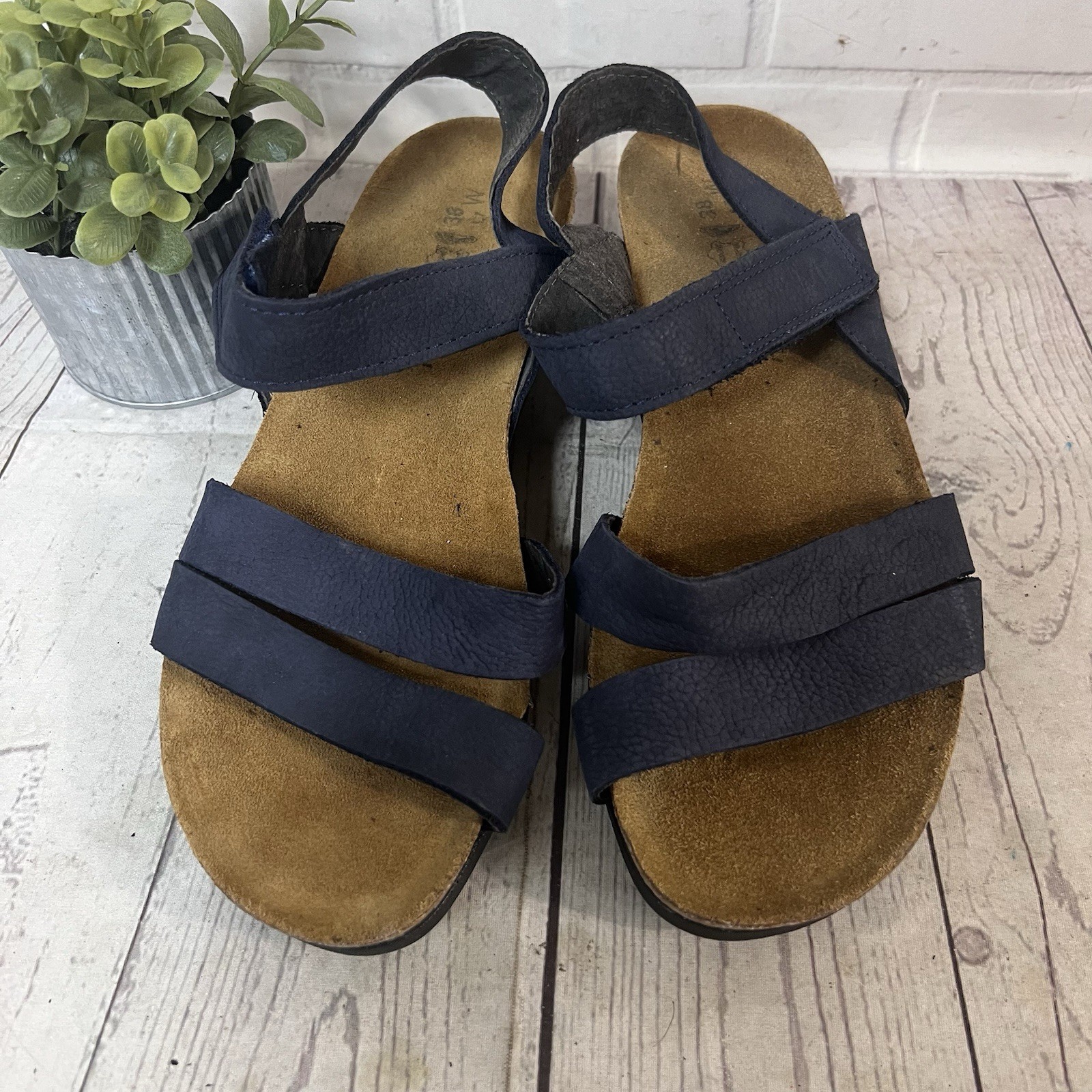 NAOT Kayla Women’s Navy Blue Nubuck Leather Comfort Wedge Sandals EU 38 US 7