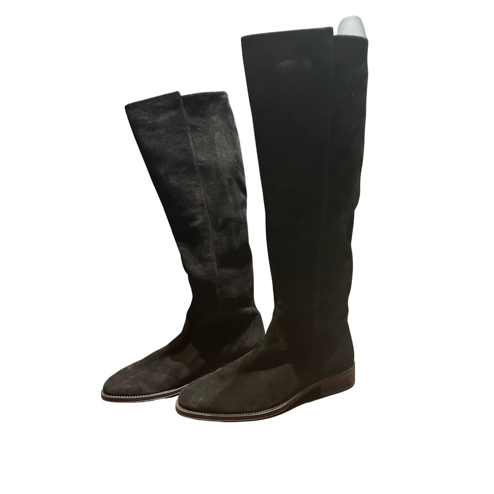 Stuart Weitzman Black Suede Knee High Pull On Flat Boots Size 6.5M Made in Spain