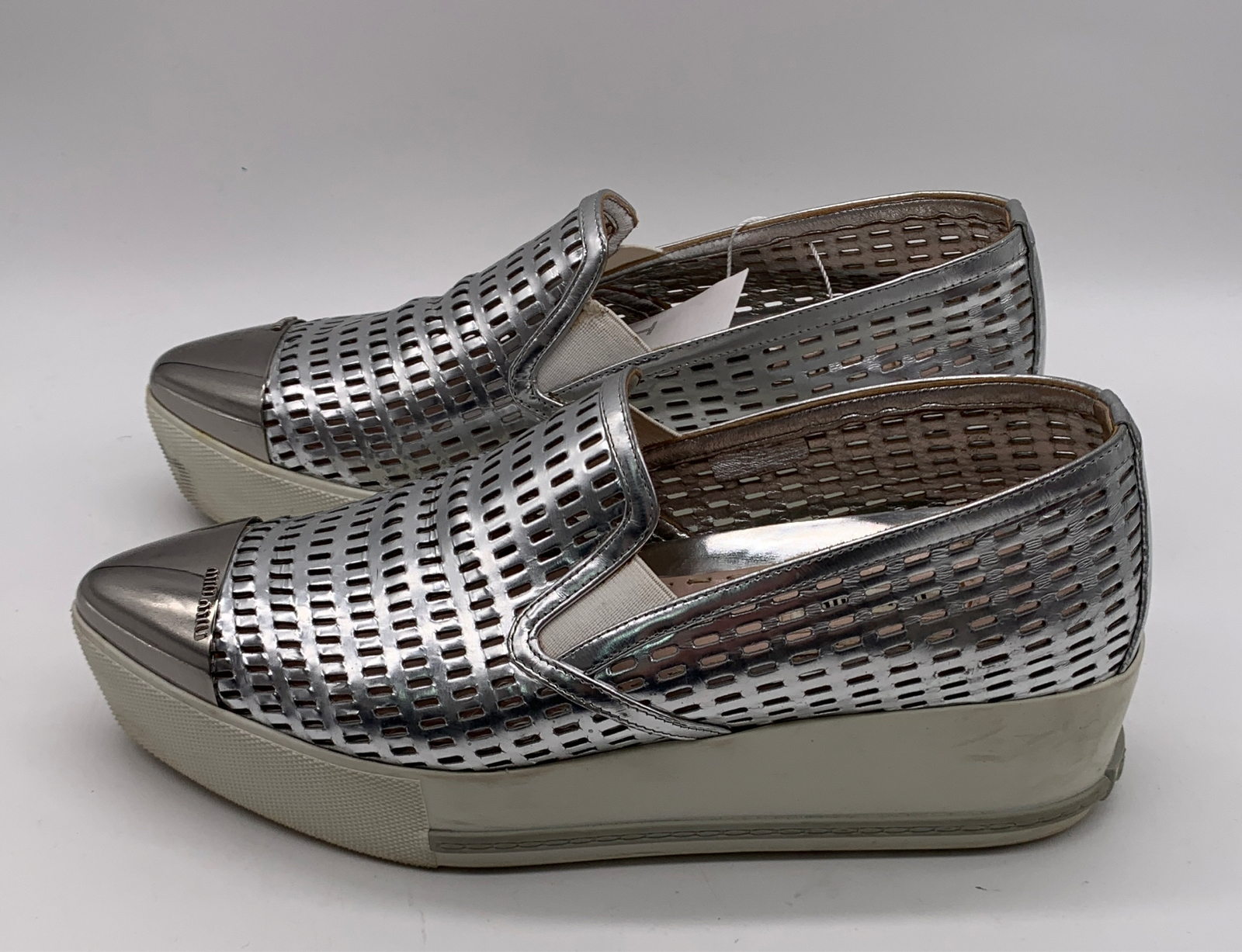 Miu Miu Silver Perforated Metallic Cap Toe Platform Slip On Sneakers sz 38.5