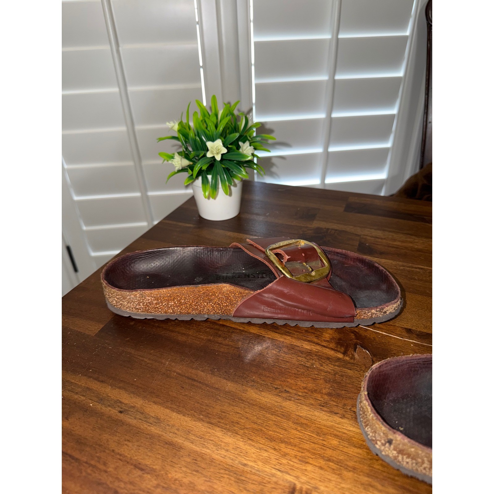 Birkenstock Madrid Big Buckle Cognac Leather Slides Gold Buckle Sandals 39