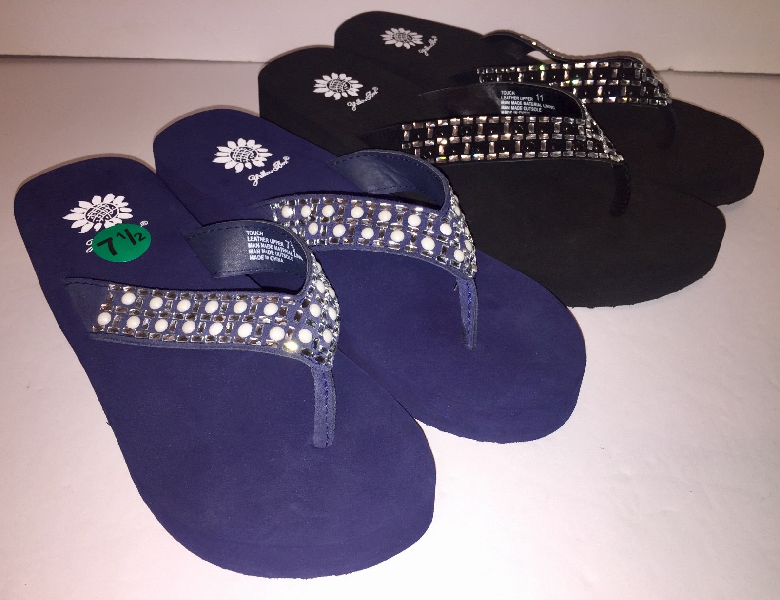 Yellow Box Flip Flops Sandals Women’s Touch Wedge Pearl Jeweled Blue Black NWT