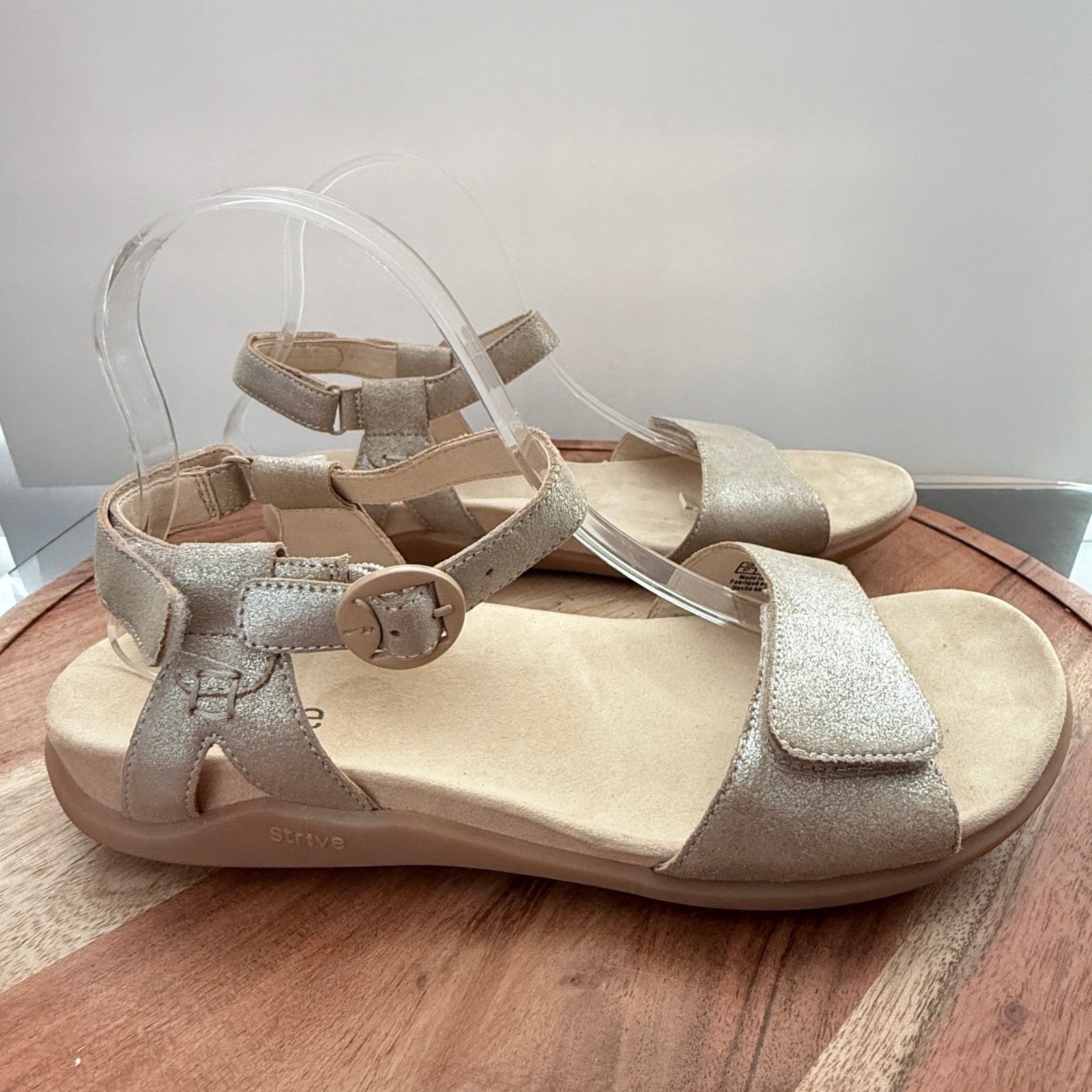 Strive Womens Metallic Champagne Leather Ankle Strap Sandals 9 Comfort Orthotic