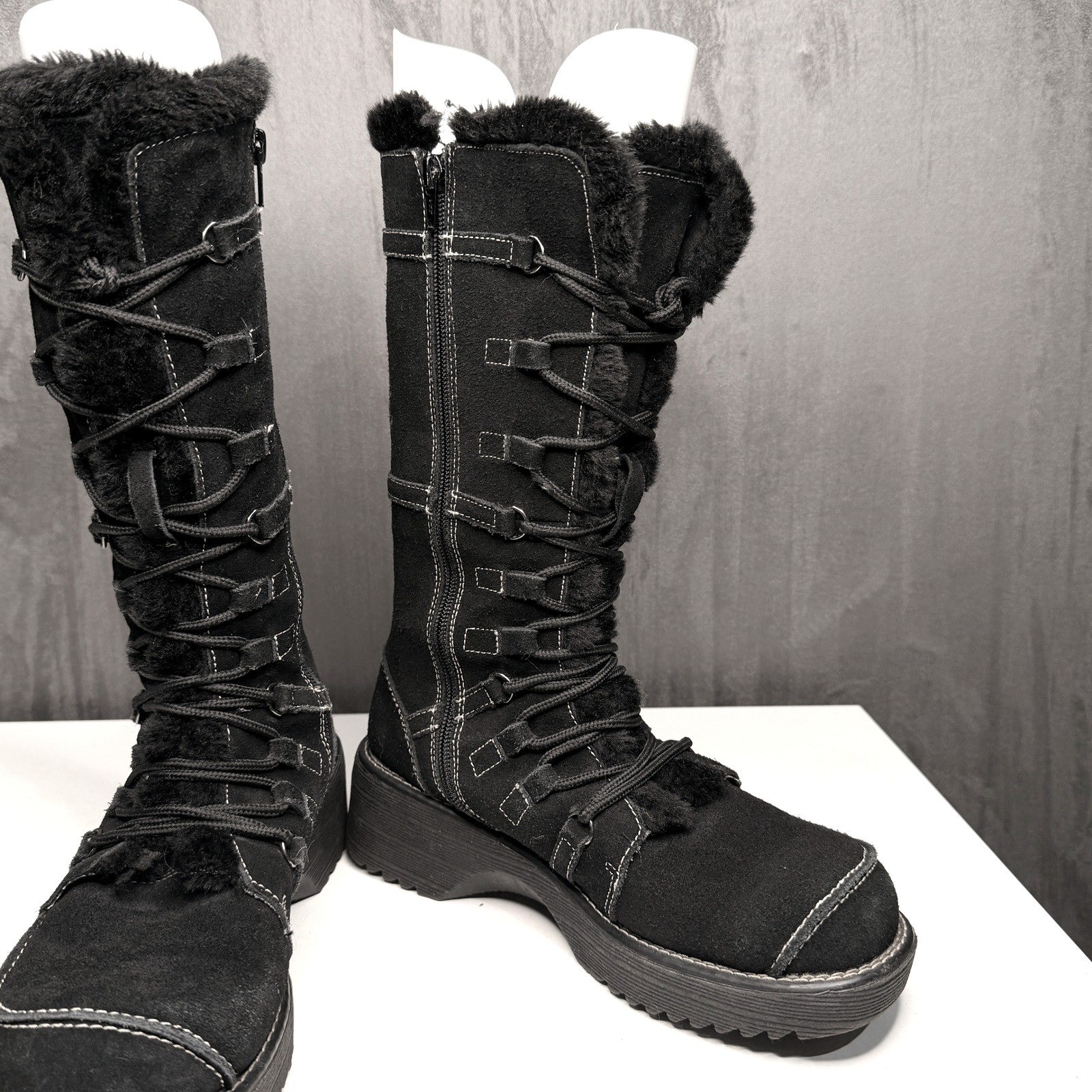 Vtg Y2K Boots Womens 40 Black Suede Faux Fur Platform Chunky Heel Emo Whimsigoth