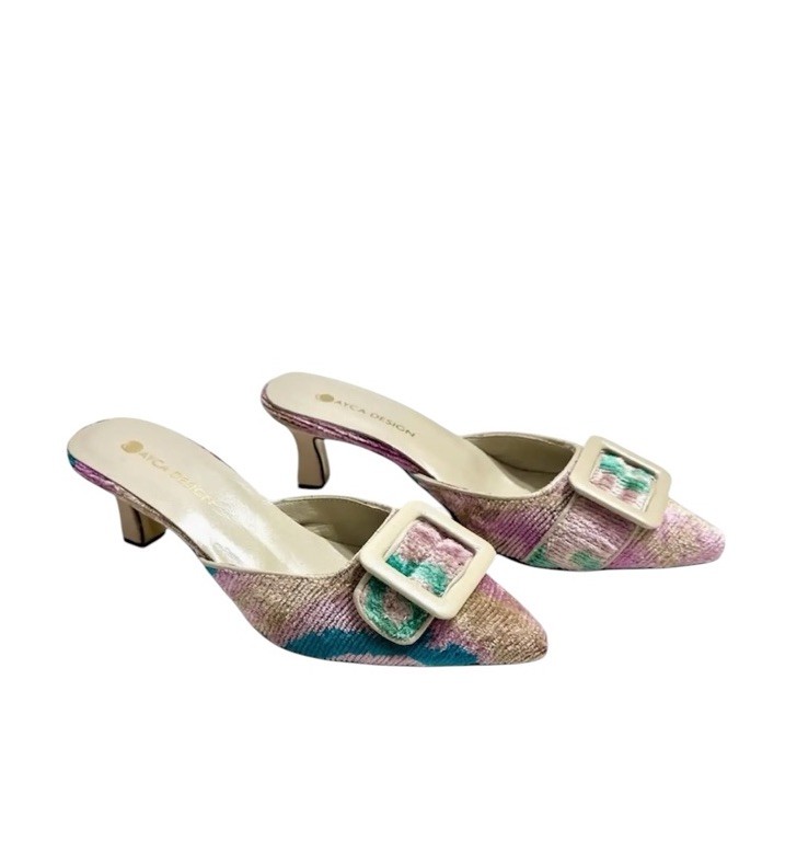 New AYCA DESIGN Silk Velvet Ikat Kitten Heel Slide Beige, Pink, Green Size 8/39