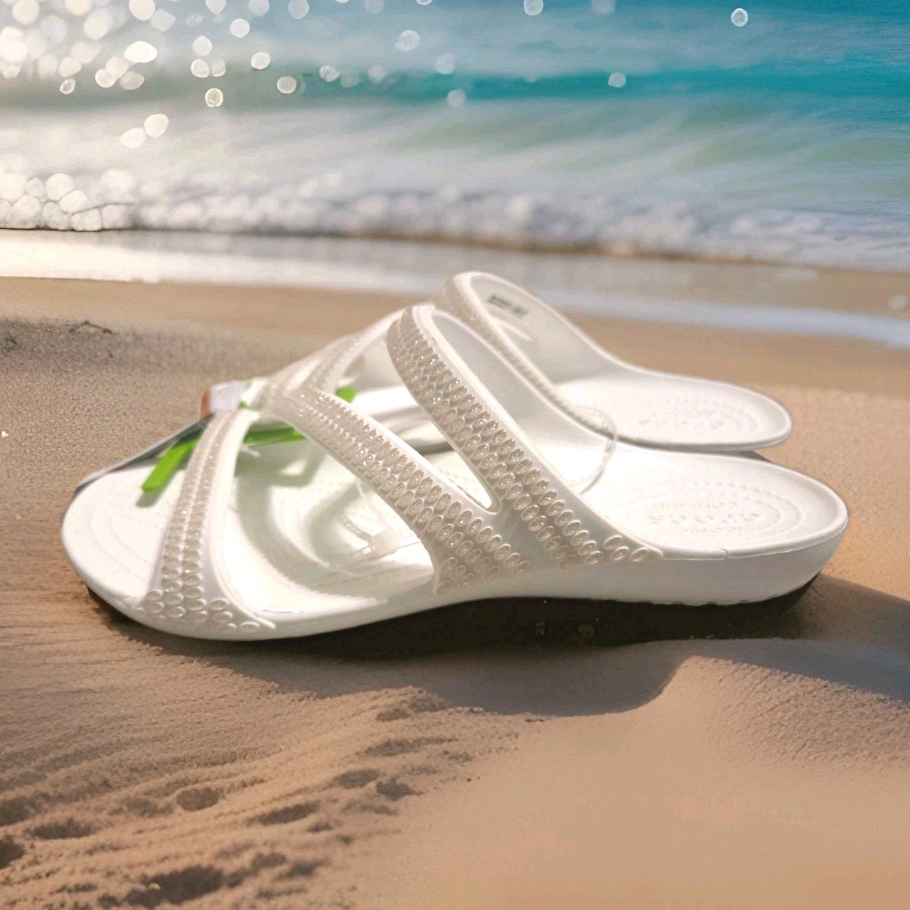 NWT💕 Size 9 Crocs White Getaway Gems Strappy Womens Sandals Shoes Slide On