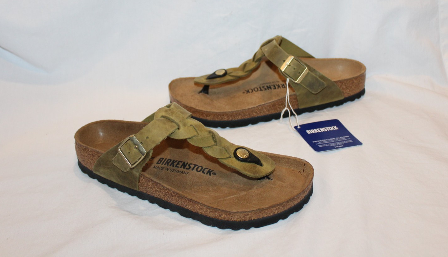BIRKENSTOCK GIZEH BRAIDED LEATHER SANDALS REGULAR FIT EU 39 US 8-8.5 OLIVE GREEN