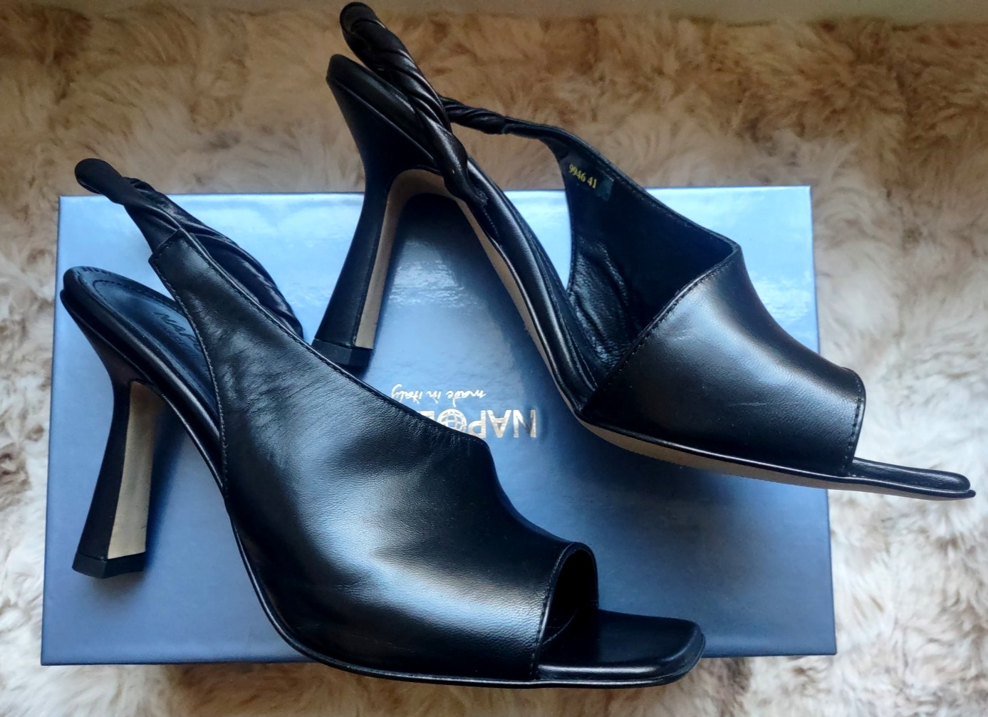 Napoleoni Leather Black Sling Back Heel Sandal sz.9.5 41 NEW Made in Italy NEW