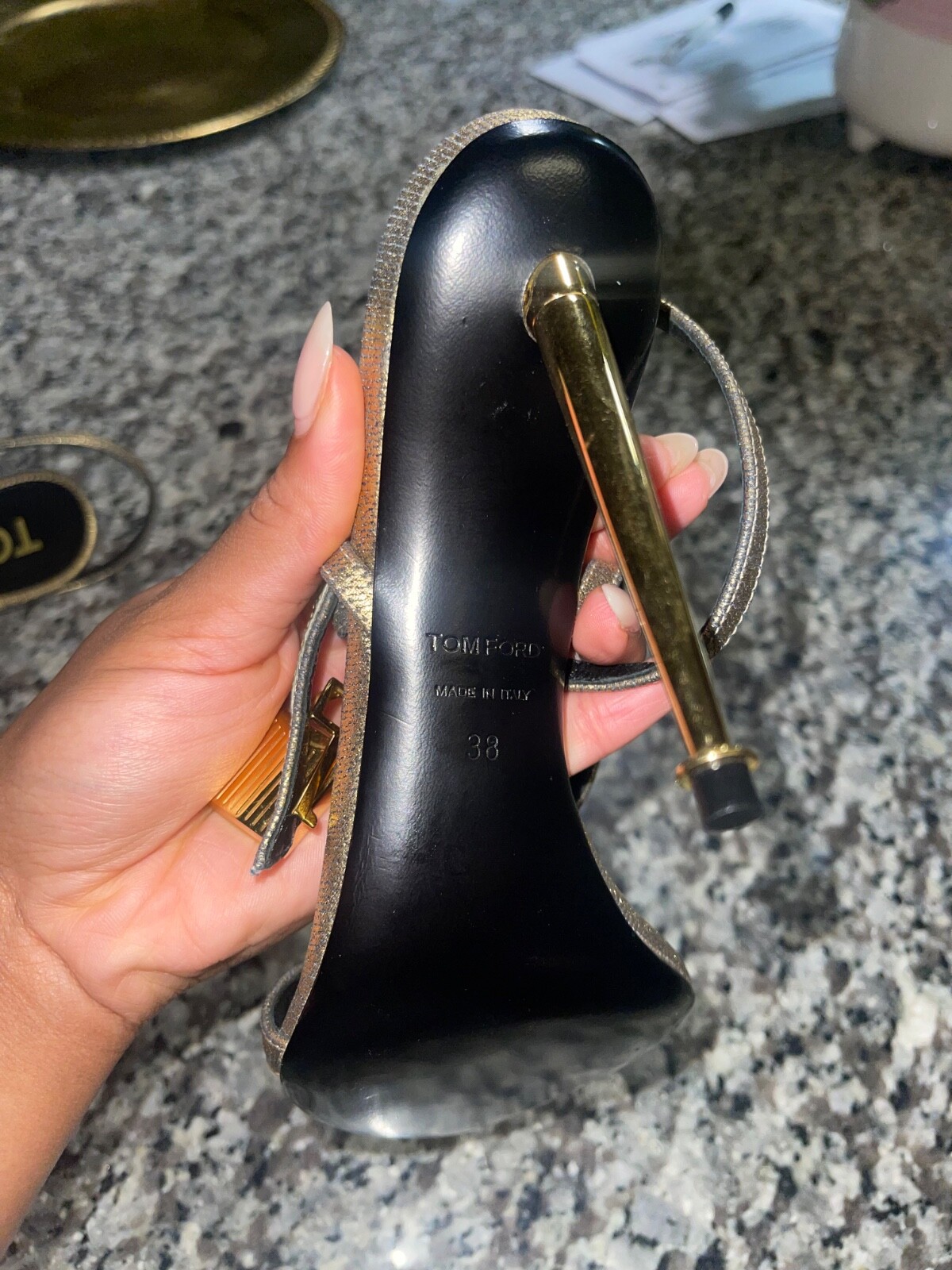 100% Authentic Tom Ford Demin Gold Metallic Padlock Heels Size 38 NEVER WORN