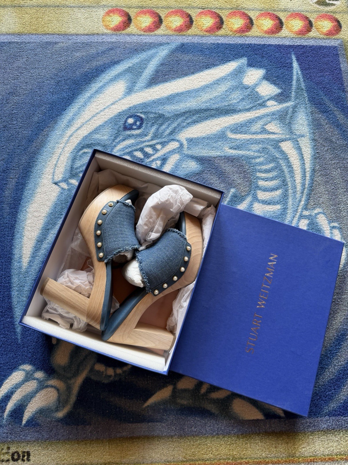 NIB $450 Stuart Weitzman Pearl Clog 85 Sandal Denim Blue Spain BOHO Size 9 AA