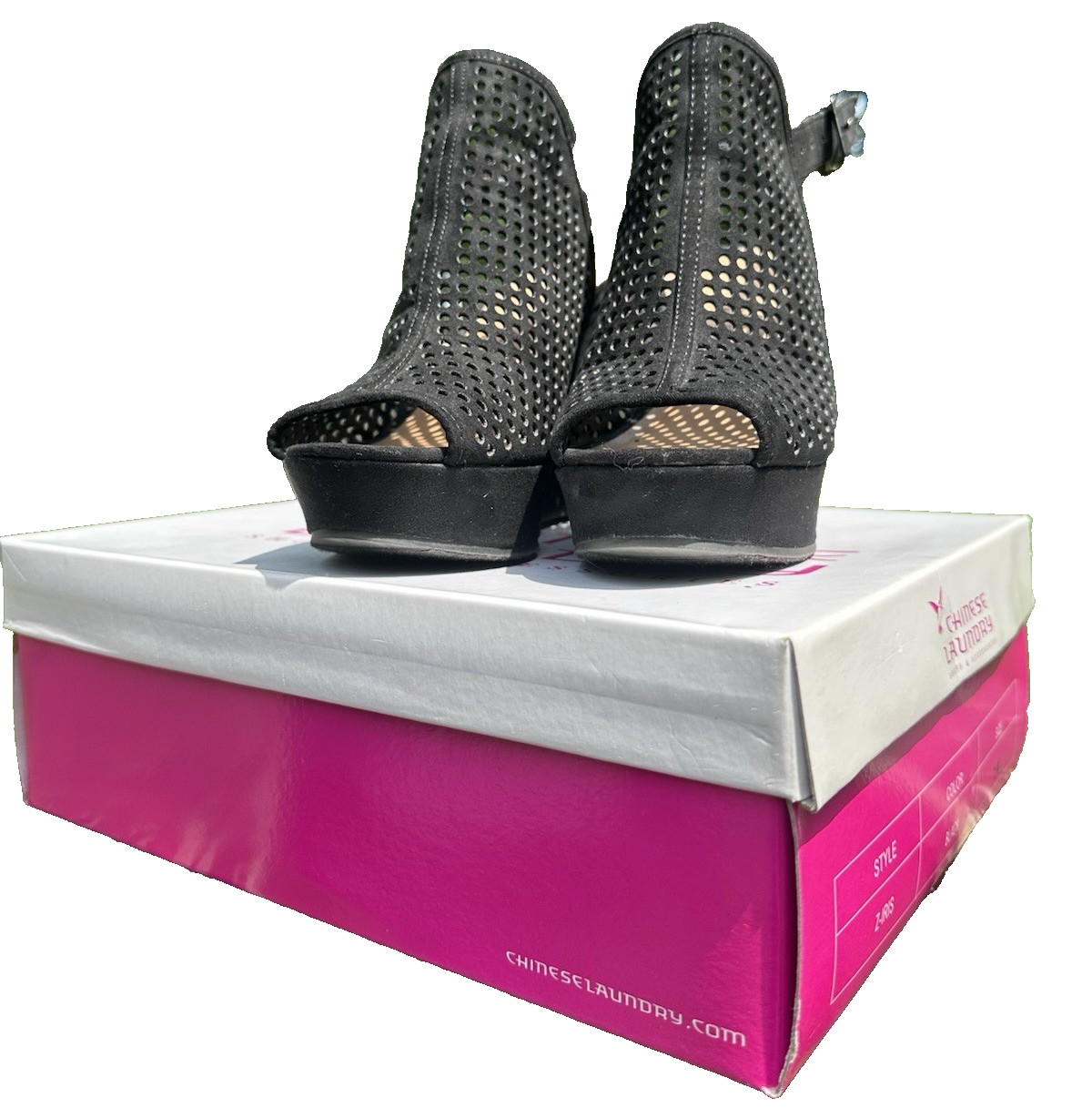 Chinese Laundry Z‑Iris Black Micro Suede Wedge Heels Size 7.5 Worn Once With Box
