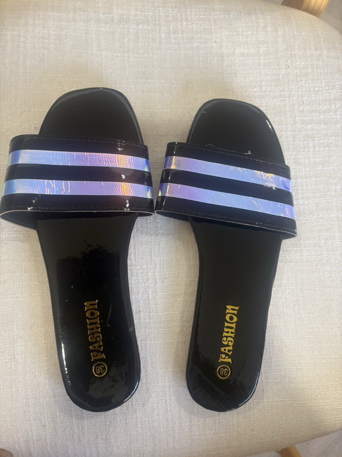 Fashion Women’s Faux Silk Slide Sandals Iridescent Striped Strap Black US 8