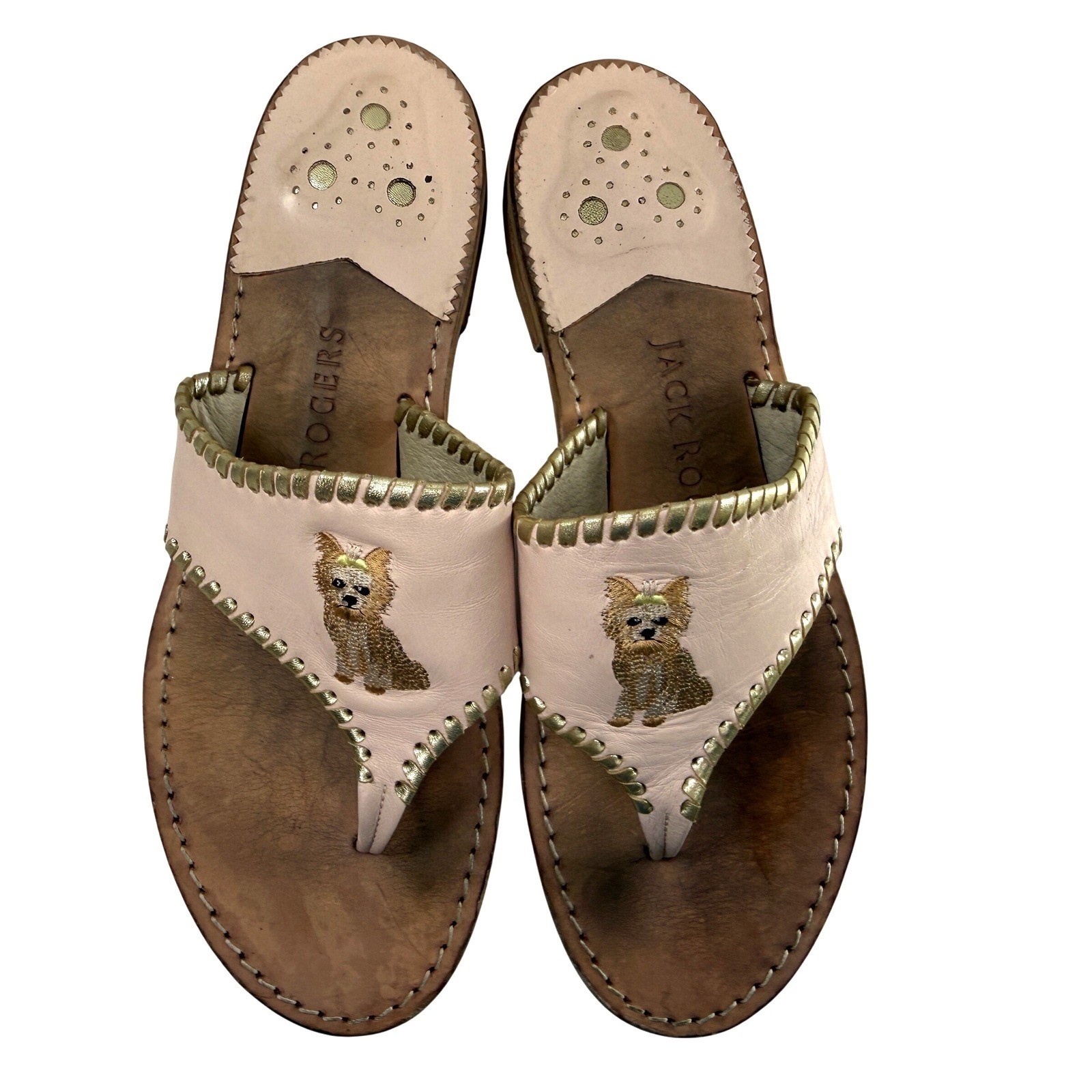 Jack Rogers Yorkshire Terrier Yorkie Dog Leather Flat Thong Sandals Women 10M