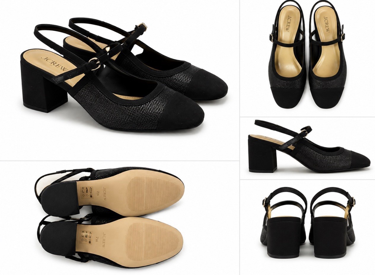 J.Crew Black Faux Suede Slingback Almond Toe Ankle Strap Buckle Heels 7.5