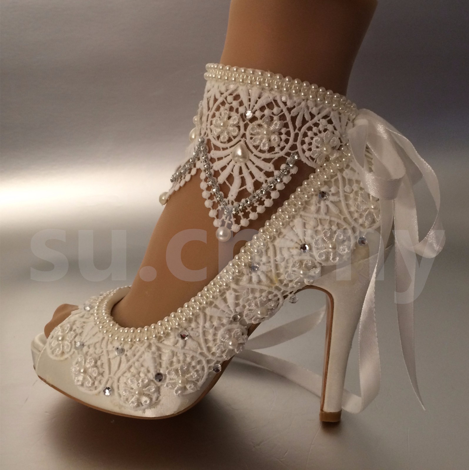 su.cheny 3″ 4″ heel satin white ivory lace anklet open toe Wedding Bridal shoes