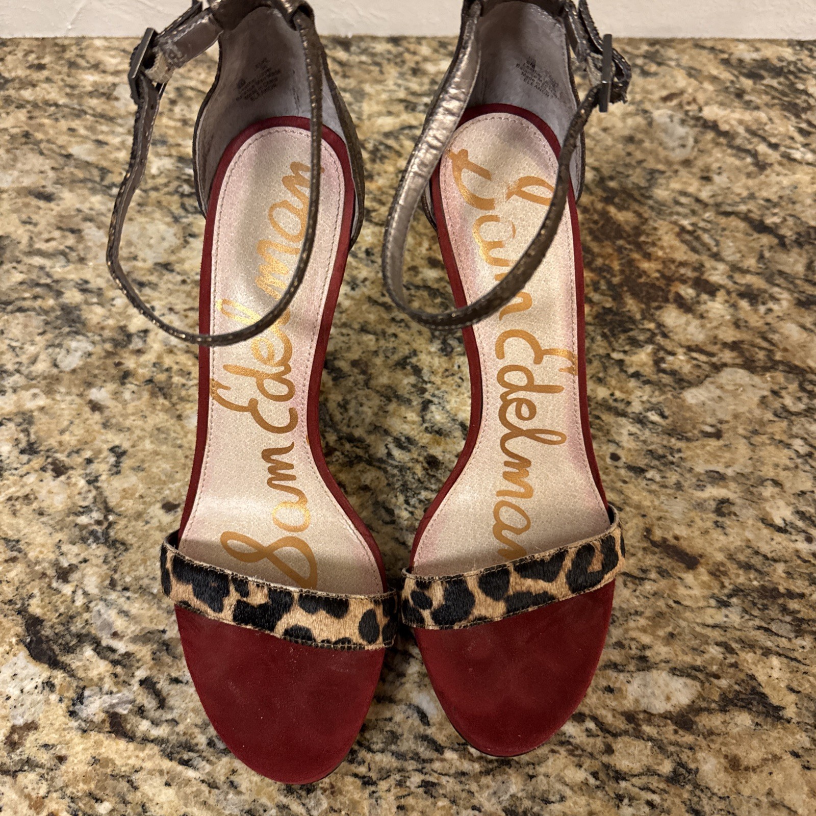 Sam Edelman Eleanor Animal Print Size 8 M Red Gold Ankle Strap Heels Shoes