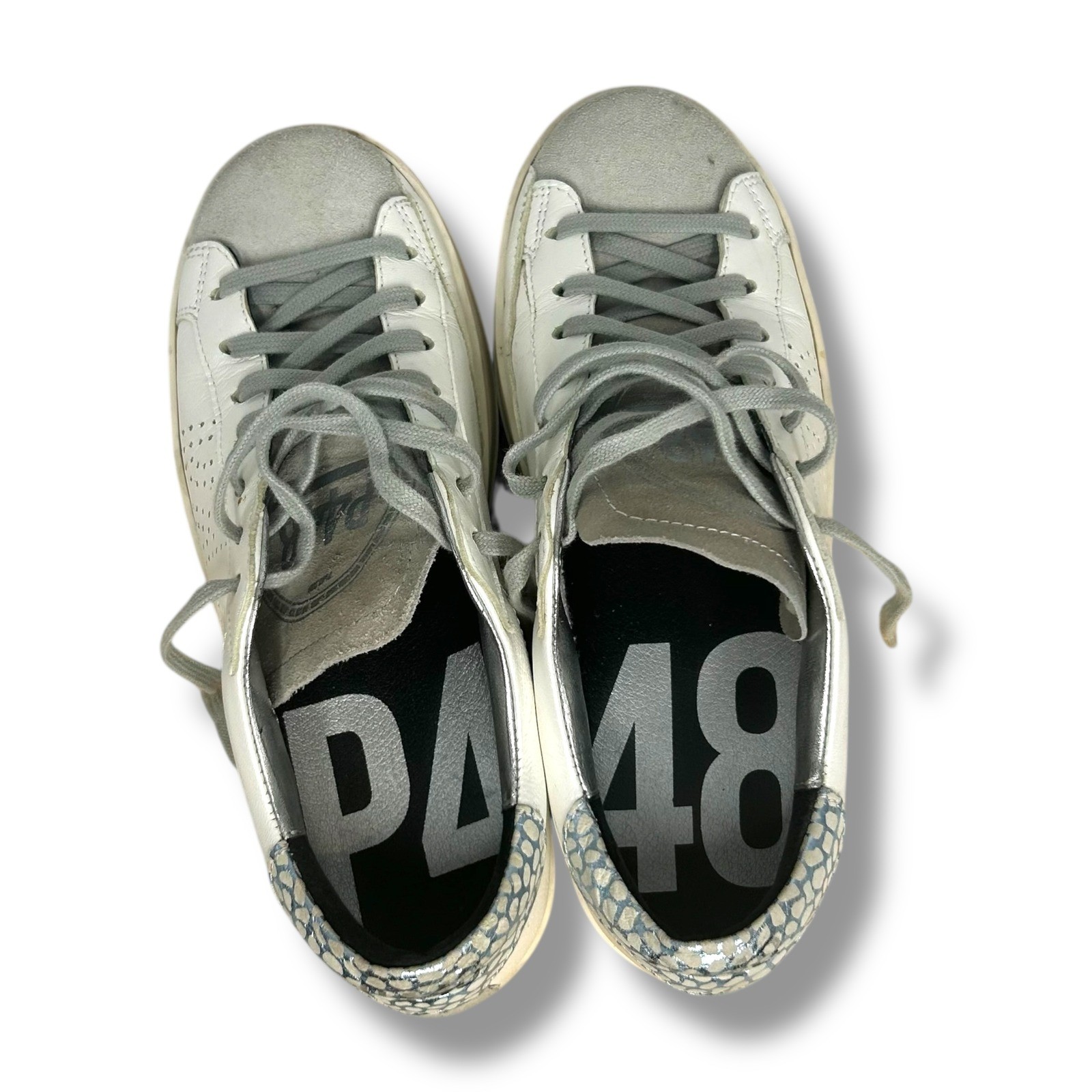 P448 Womens White Silver Perforated Leather Suede Low Top Sneakers US 6.5 EU 36