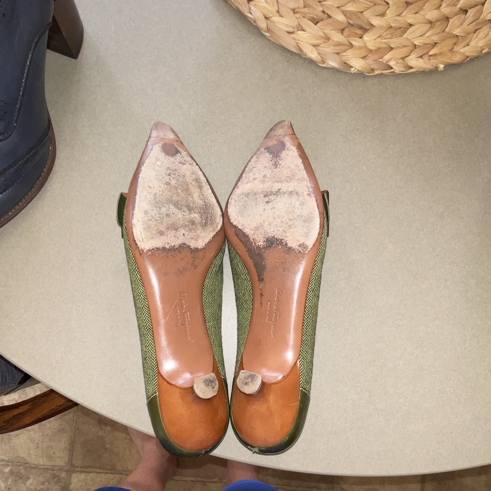 Salvatore Ferragamo Green/Brown Herringbone Pointed Toe Buckle Pumps Leather