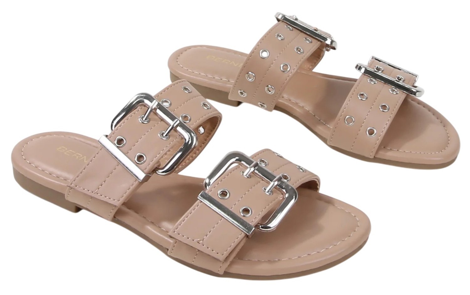 Berness Women Slide Sandals Buckle Adjustable Strap Flat Metal Eyelet KYLE Beige