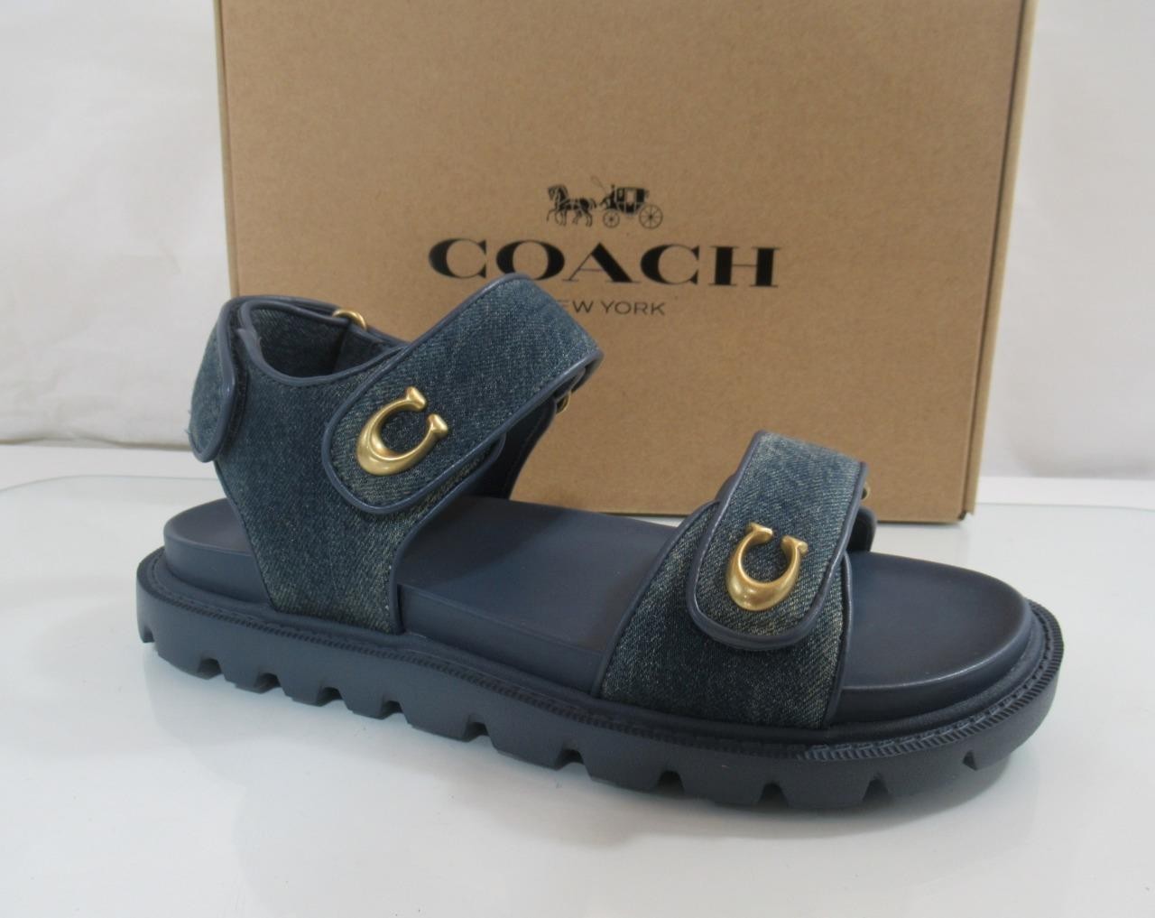 NEW Coach Size 7.5 Brynn Denim Double Band Straps Sandals Comfort Dark Indigo