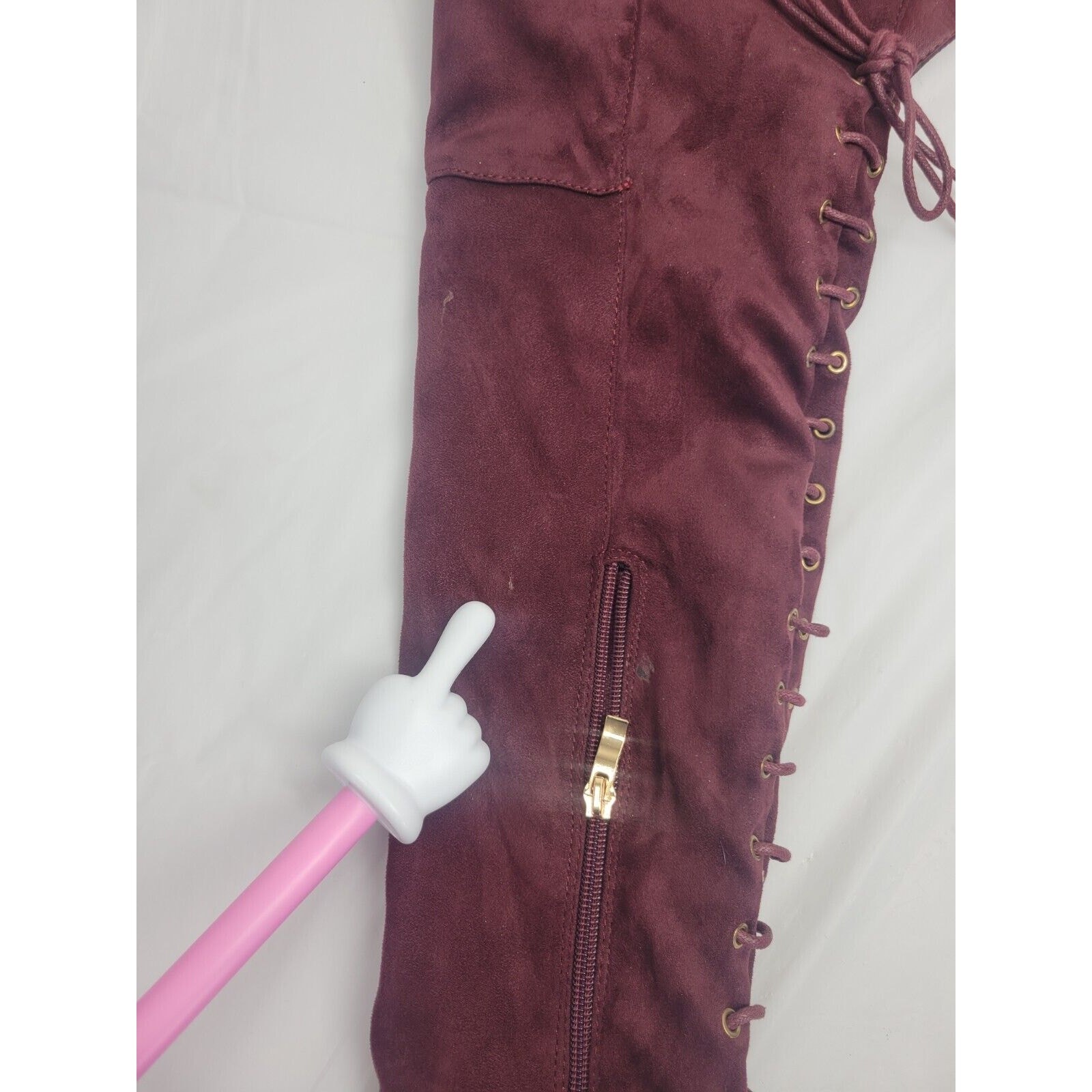 Indulge Size 7 Suede High Heel Over The Knee Boots Lace Up Zip Burgundy Maroon