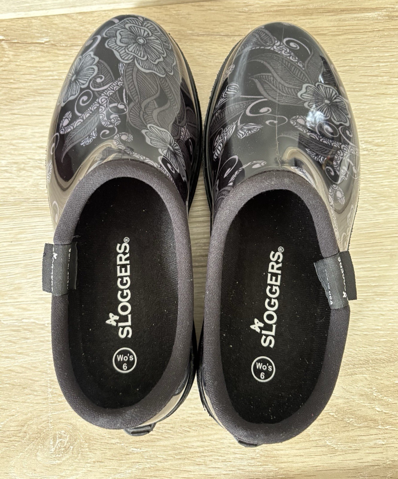 Women’s 6 Sloggers Black Boho Floral Slip On Clog Garden Rain Farm