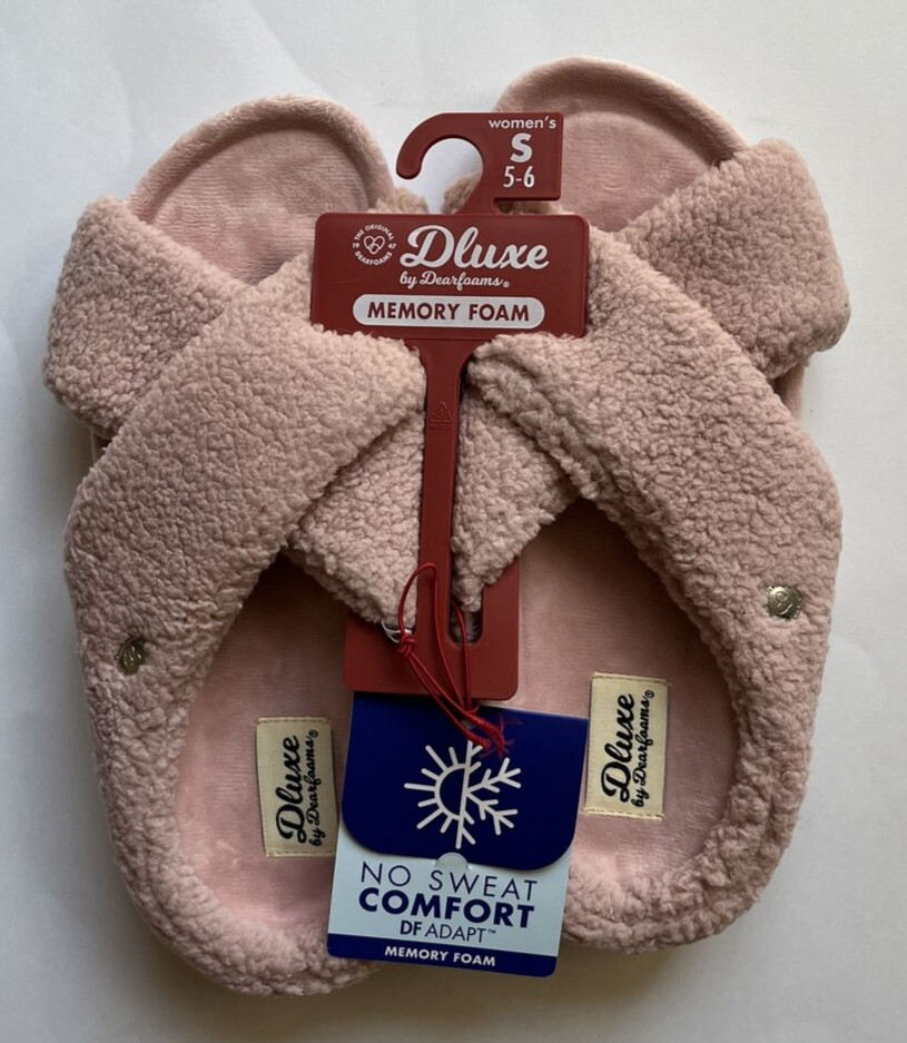 Deluxe by Dearfoams Coins Crossband Slippers-Pink-No Sweat Comfort-Women’s 5-6