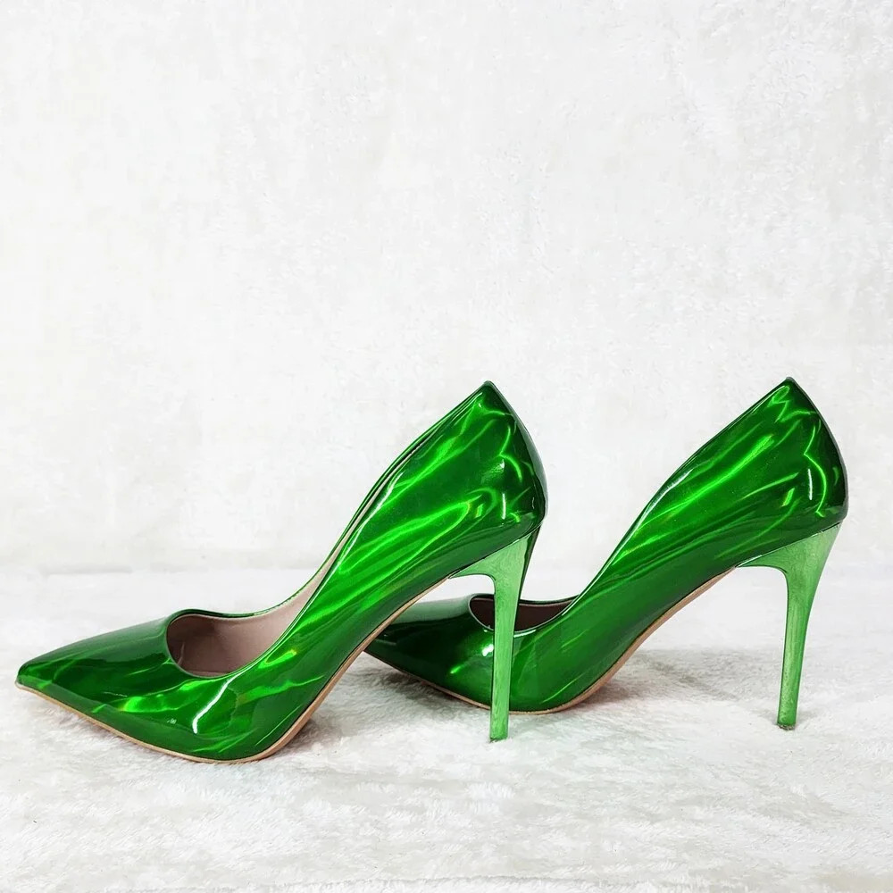 Jewels Bright Green Metallic Hologram 4″ Heel Stiletto Shoes Pointy Toe Pumps