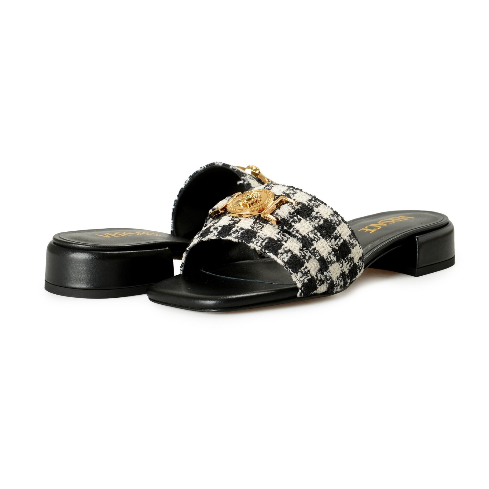 Versace Women’s Black & White Gold Medusa Plaid Sandals Mules Shoes US 6 IT 36