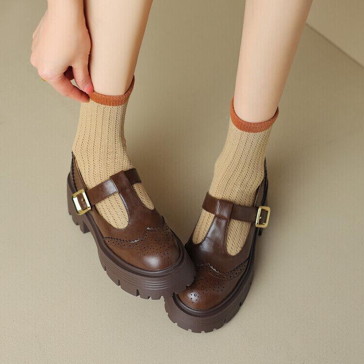 Women’s Leather Platform Mary Jane Thick Sole Dress Preppy Casual Carved Shoes