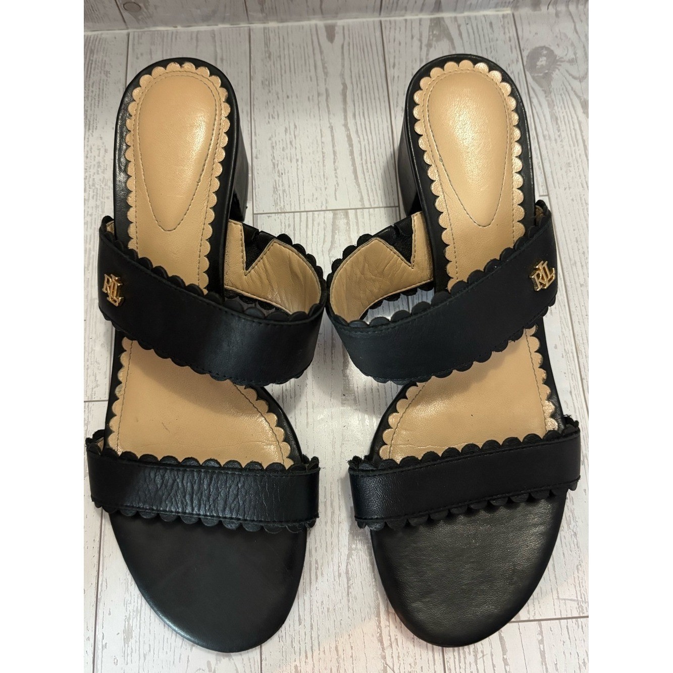 Ralph Lauren Black Scalloped Two-Band Block Heel Mules Size 6.5 Quiet Luxury