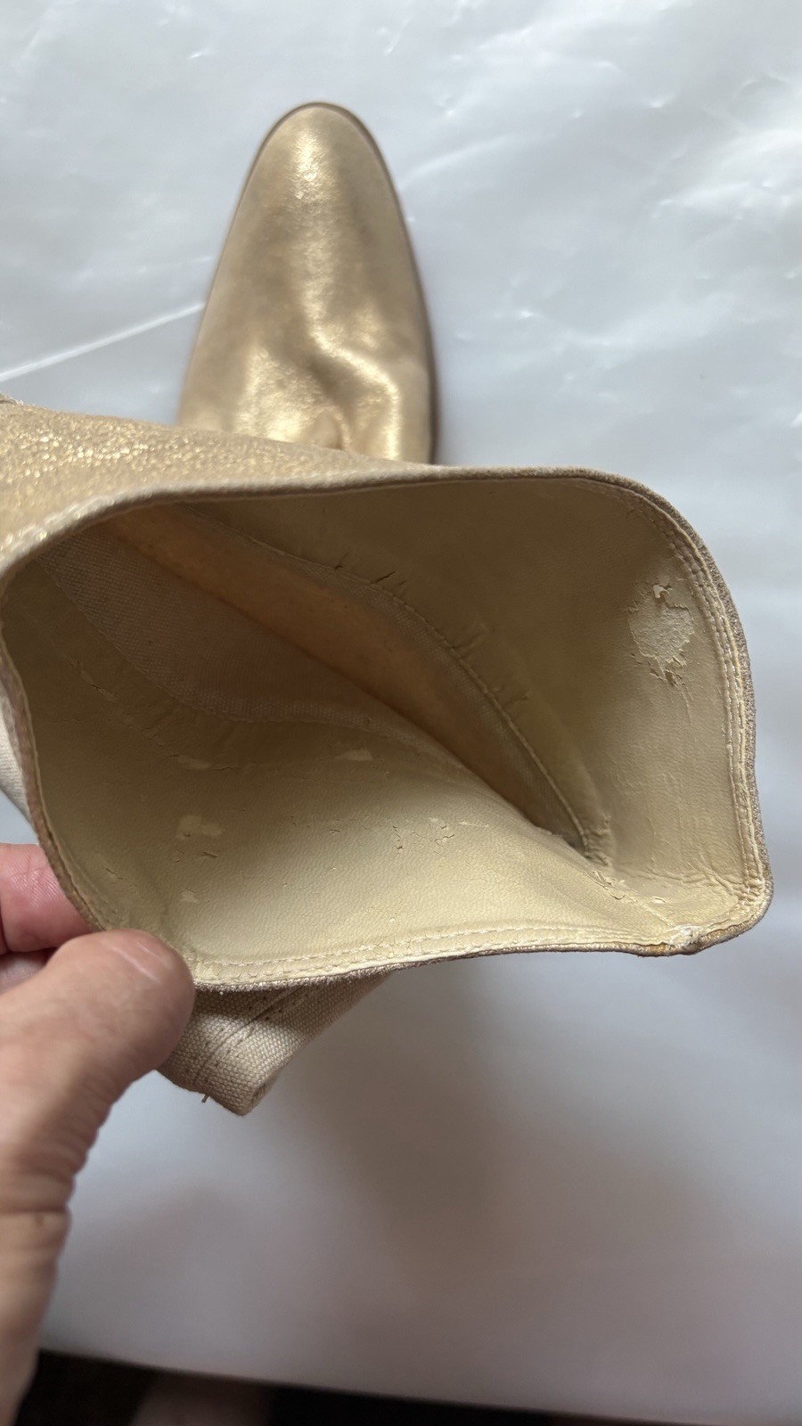 Luxury Boutique 58 Gold Ankle Boots Size 39. Gold Leather and Beige Canvas.
