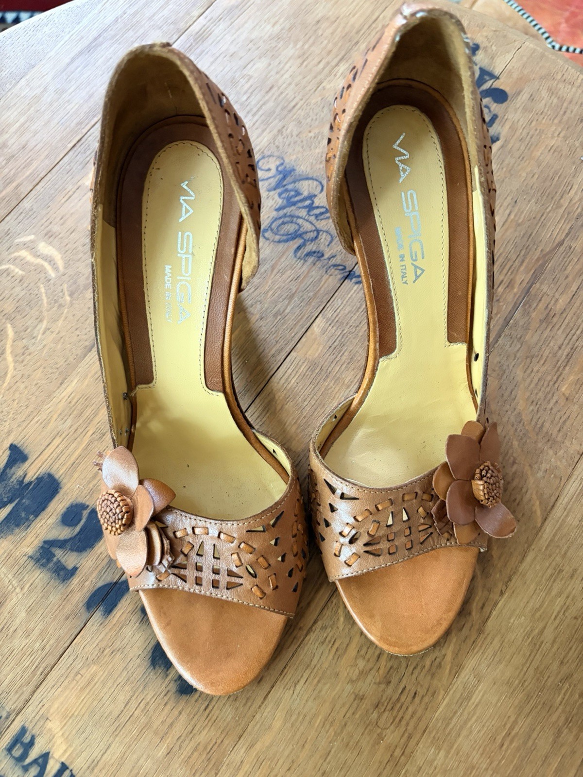 Via Spiga Tan Woven Leather Open Toe Heels With Cut Outs Womens Sz 7 Brown